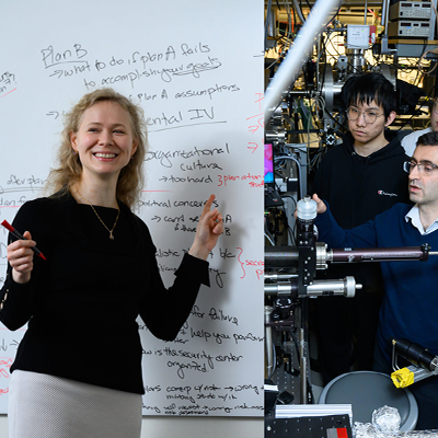 Split Image of Mariya Grinberg in front of a whiteboard, and a group of students